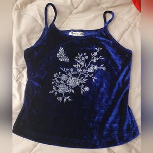 Girl's Vintage Y2K Royal Blue Velvet Embroidered Cami Top Size Large